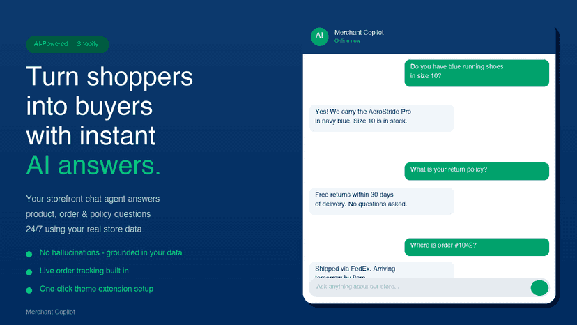 AI chat widget answering shopper questions about products&orders