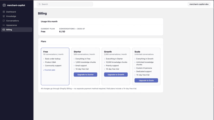 Merchant Copilot billing page with usage and pricing plans