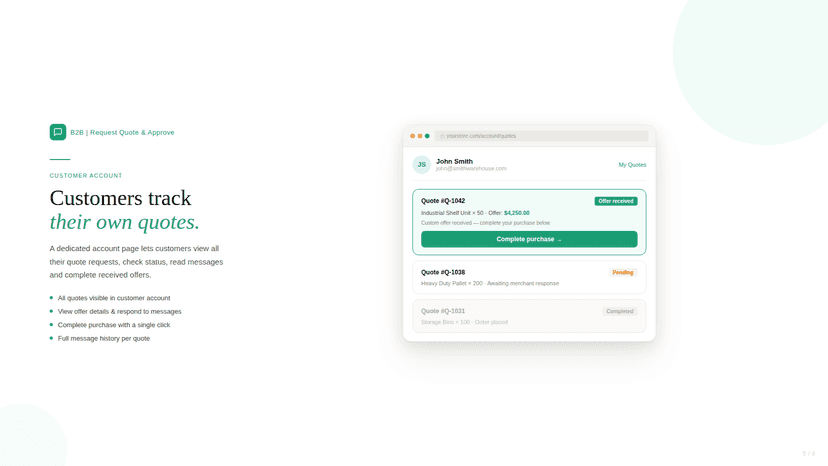 Customer account page showing quote status and offers