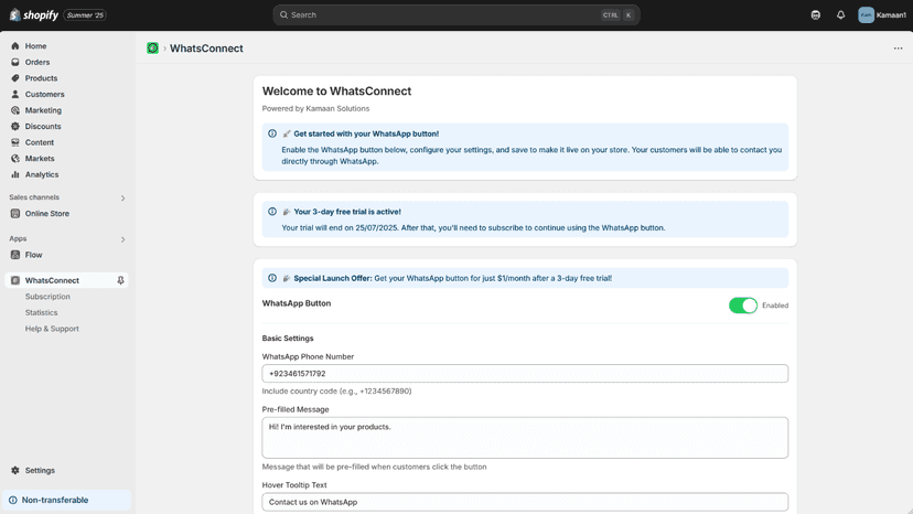 WhatsConnect home page with the dashboard