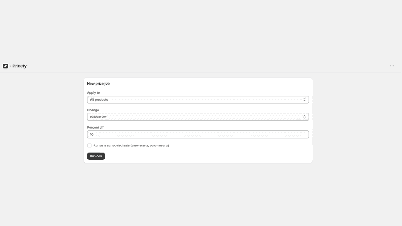 Pricely dashboard with the bulk price job form and history