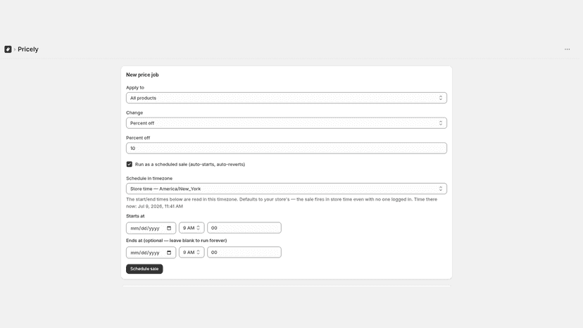 Scheduling a sale with start, end, and a timezone selector