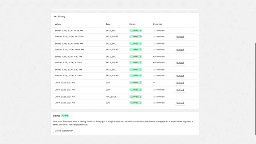 Completed price job showing verified count and rollback button