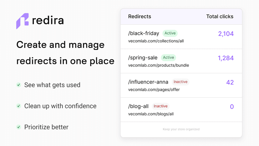 Create and manage Shopify redirects in one place