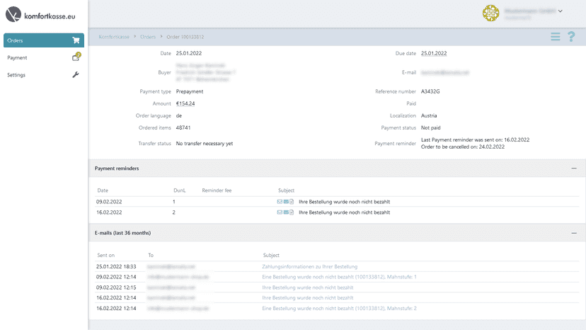 Order detail view and payment reminders
