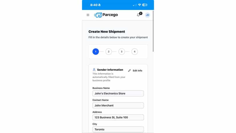 Merchant mobile create new shippment