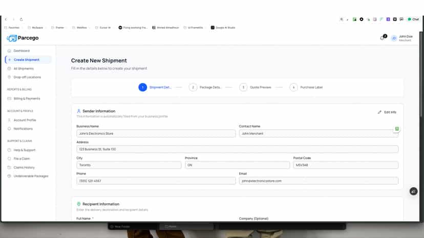 Parcego Merchant Dashboard Create new Shipment