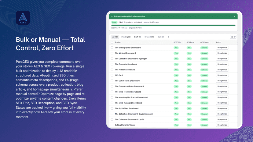 paraGEO bulk & manual catalog optimization — GEO status