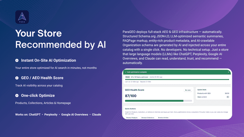 paraGEO dashboard — GEO Health Score & one-click optimize