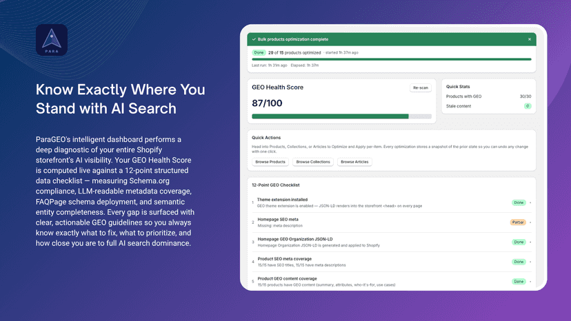 paraGEO 12-point GEO checklist and Schema compliance