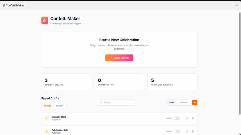 Confetti Maker admin dashboard overview