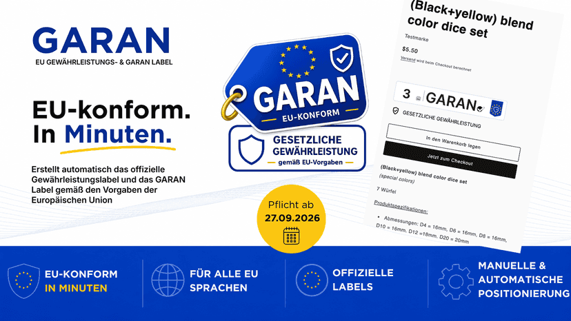 GARAN EU Gewährleistungslabel Shopify App Übersicht
