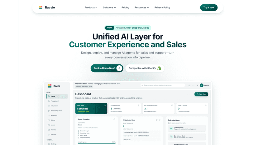 Ravvio’s homepage showcases an AI-powered assistant for websites