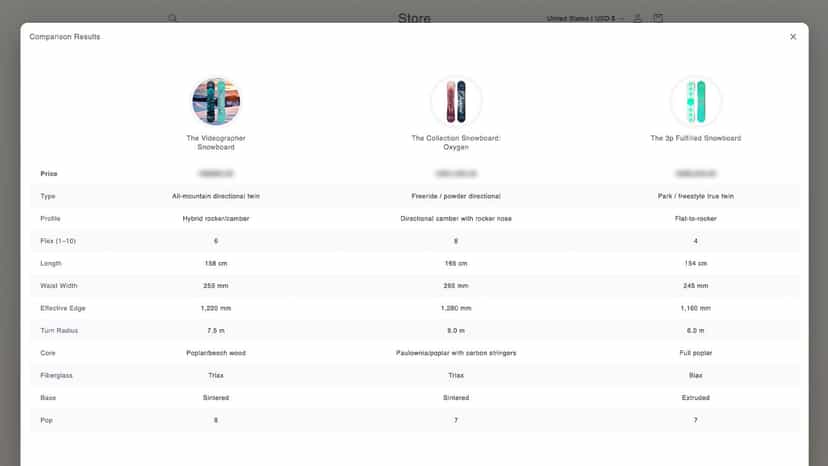 full screen product compare