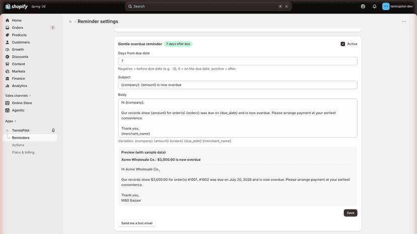 Overdue reminder rule with live email preview