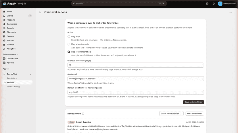 Over-limit actions with fulfillment hold and review queue