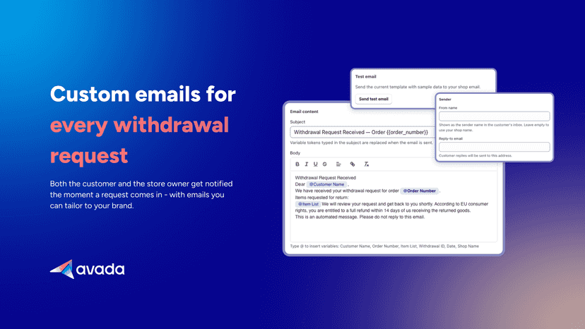 Customizable withdrawal emails for customer and store owner