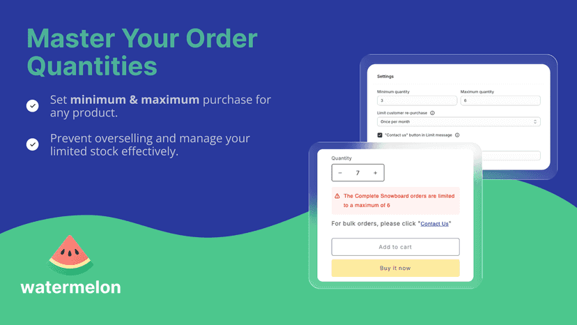 Watermelon app displaying settings for minimum and maximum order