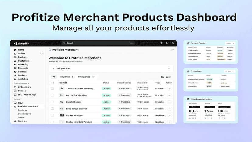 Profitize Merchant dashboard with products and analytics widgets