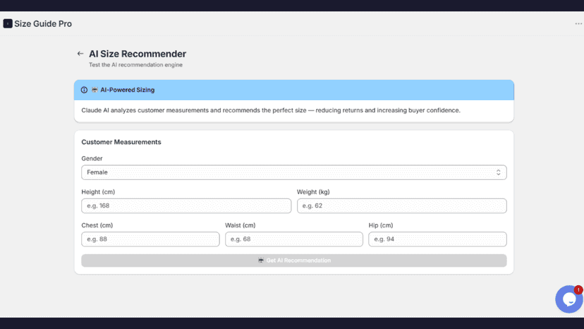 AI size recommender form with customer measurement inputs