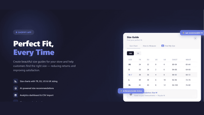 Shopify size guide widget with AI size recommendation active