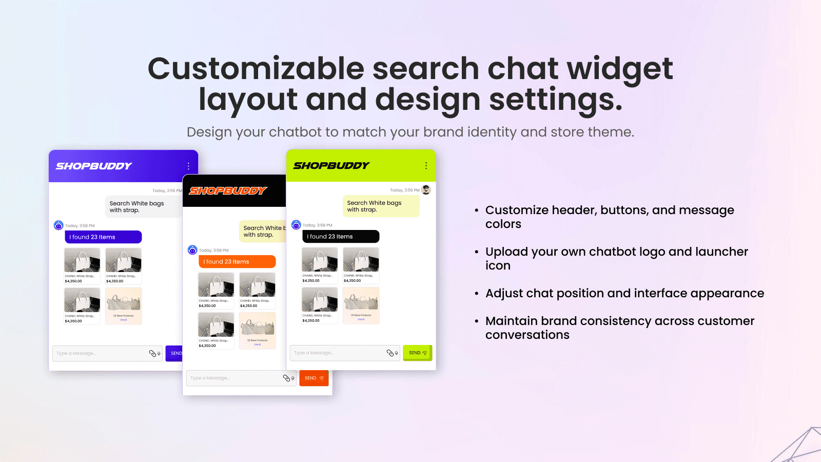 Customizable search chat widget layout and design settings.