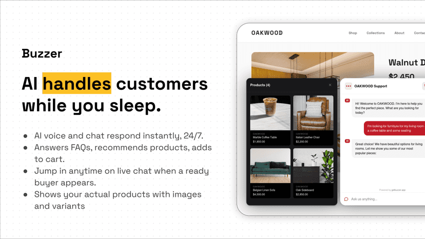AI chat showing product recommendations and customer inquiry