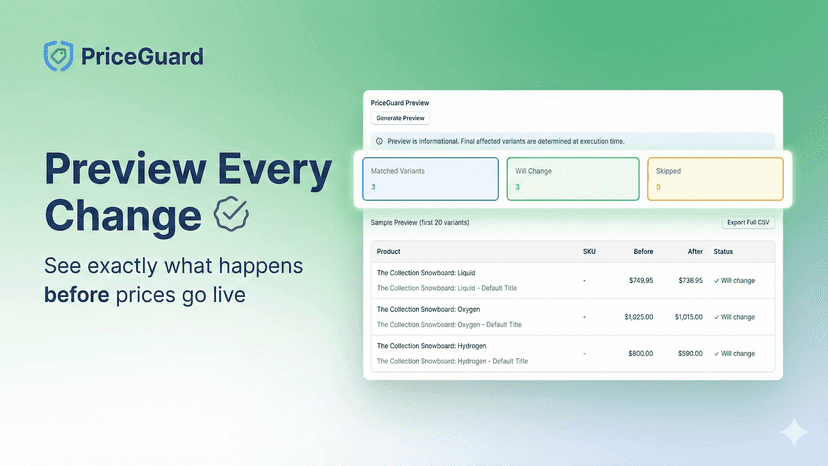 PriceGuard preview showing price changes before go-live