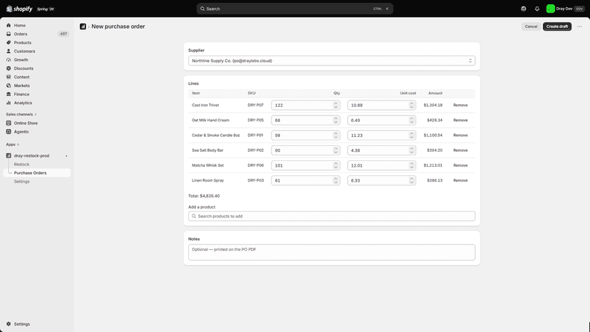 New purchase order with suggested quantities and live totals