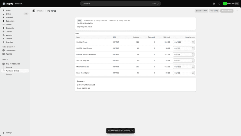 Sent PO with one-click receiving back into Shopify inventory
