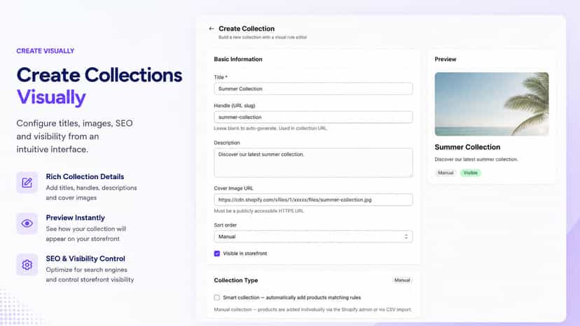 Create and customize Shopify collections with ease.