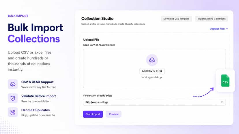 Bulk import Shopify collections from CSV and Excel files.