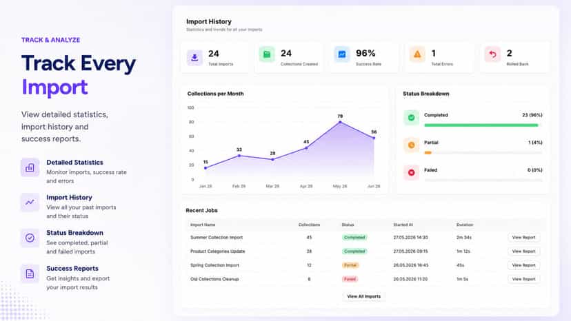 Track Shopify collection imports with detailed reports.