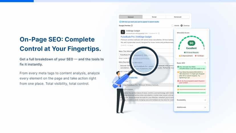 On-page SEO editor with live Google snippet preview & SEO Tests