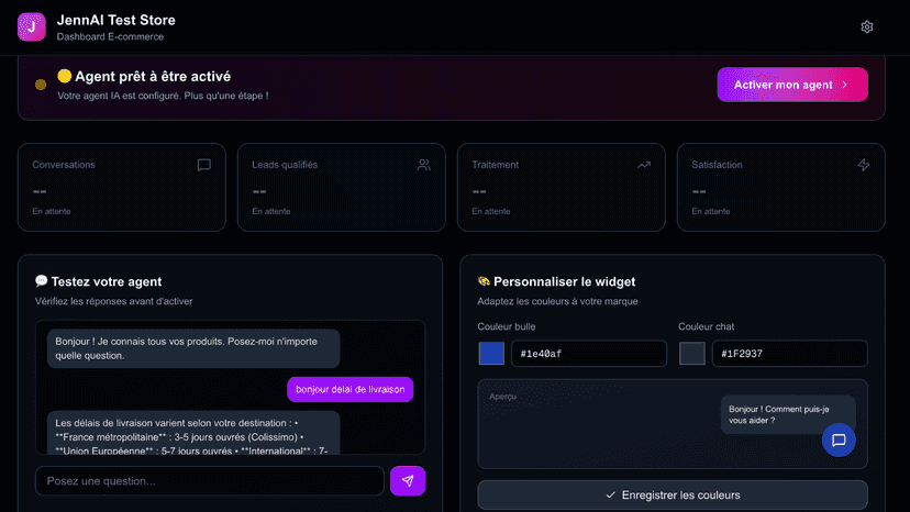 Merchant dashboard with AI agent metrics and testing tools