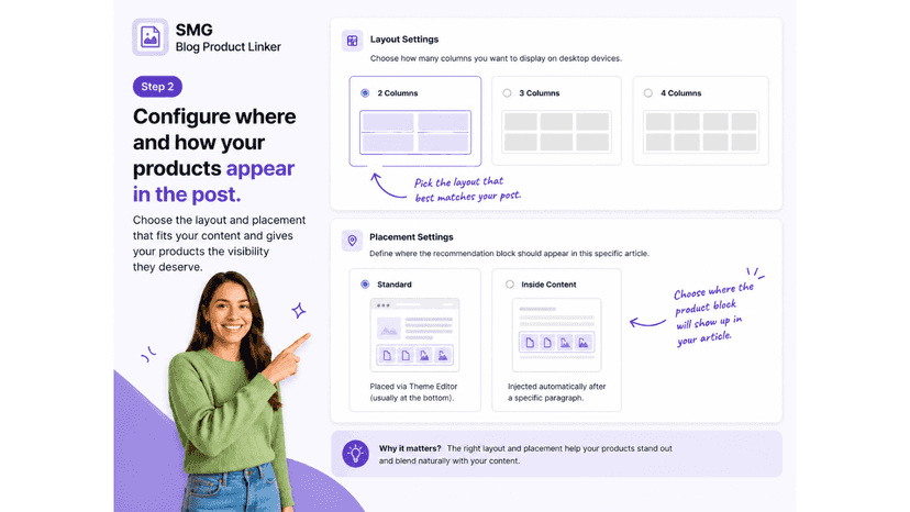 Configure product layout and placement inside your blog post
