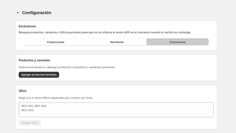 Pantalla de configuración exclusiones