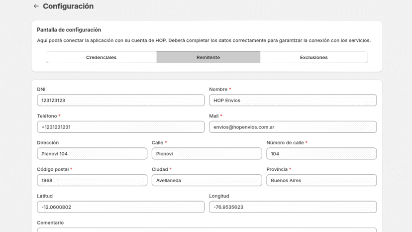 Pantalla de configuración remitente