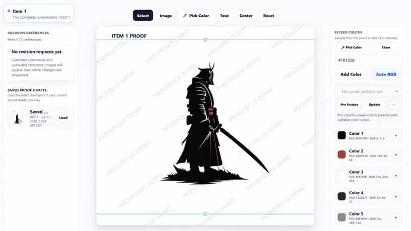 Visual proof composer with artwork, colors, and watermark t