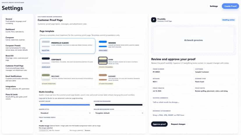 Automated proof email, team alert, and reminder settings