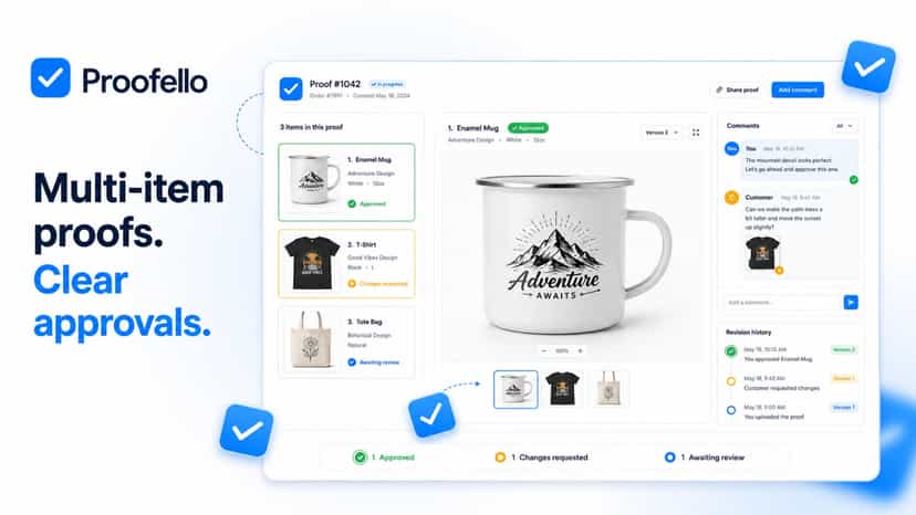 Proofello interface showing a multi-item proof with separate app