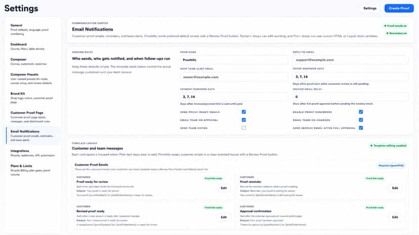Customer proof templates, branding, and approval preview