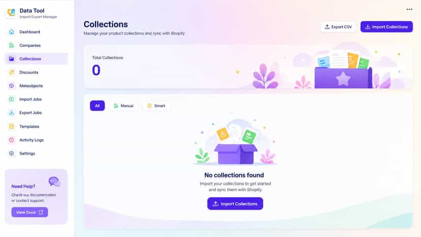Product collections import and export management