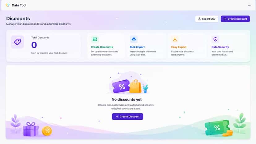Discount management with bulk import export tools