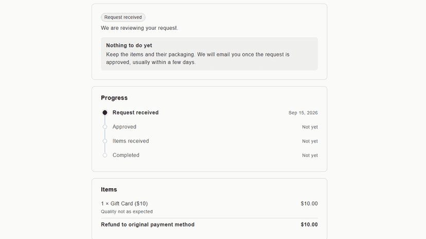 Return status page with progress timeline and refund total