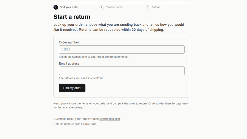 Customer portal: look up an order to start a return