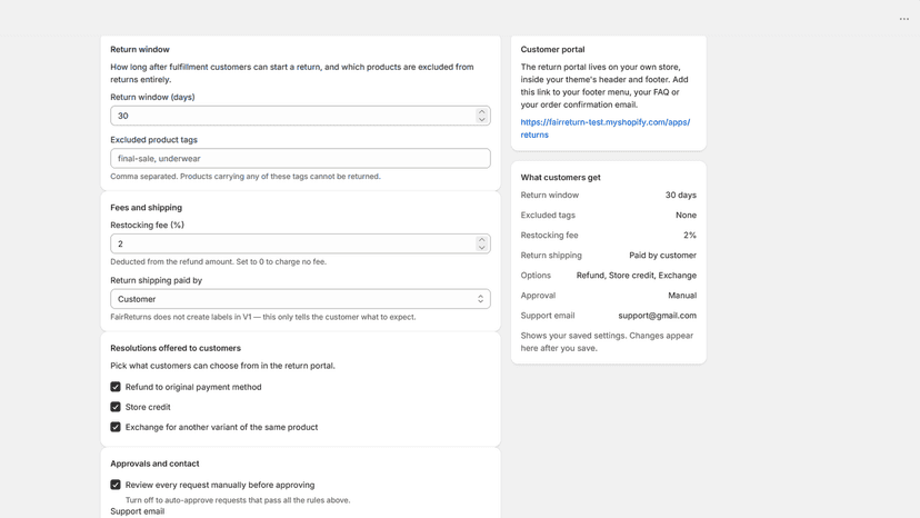 Return rules: window, excluded tags, fees and resolutions