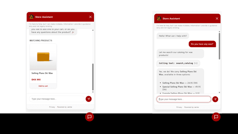 Lærke answering a shopper's product question with real items