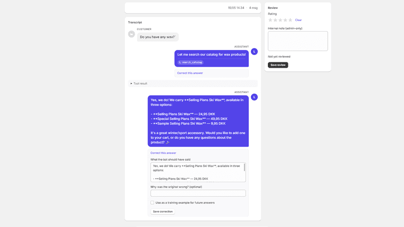 Reviewing a conversation, rating it, and correcting an answer