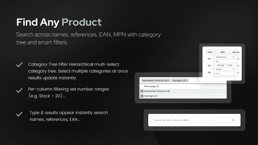 Product search with category tree and smart filters